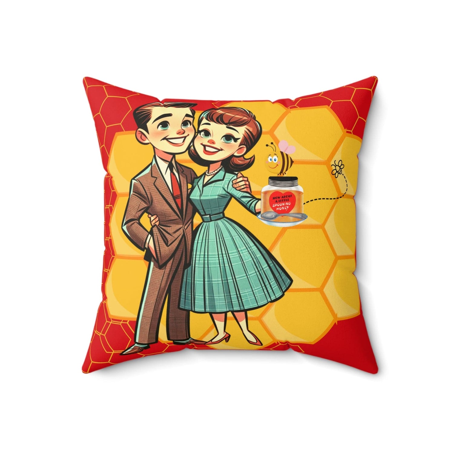 Vintage Valentine, 50s Mid Century Modern Kitschy Cute Couple, Bedroom, Livingroom Honeycomb Bee Love Honey Pillow And Insert Home Decor