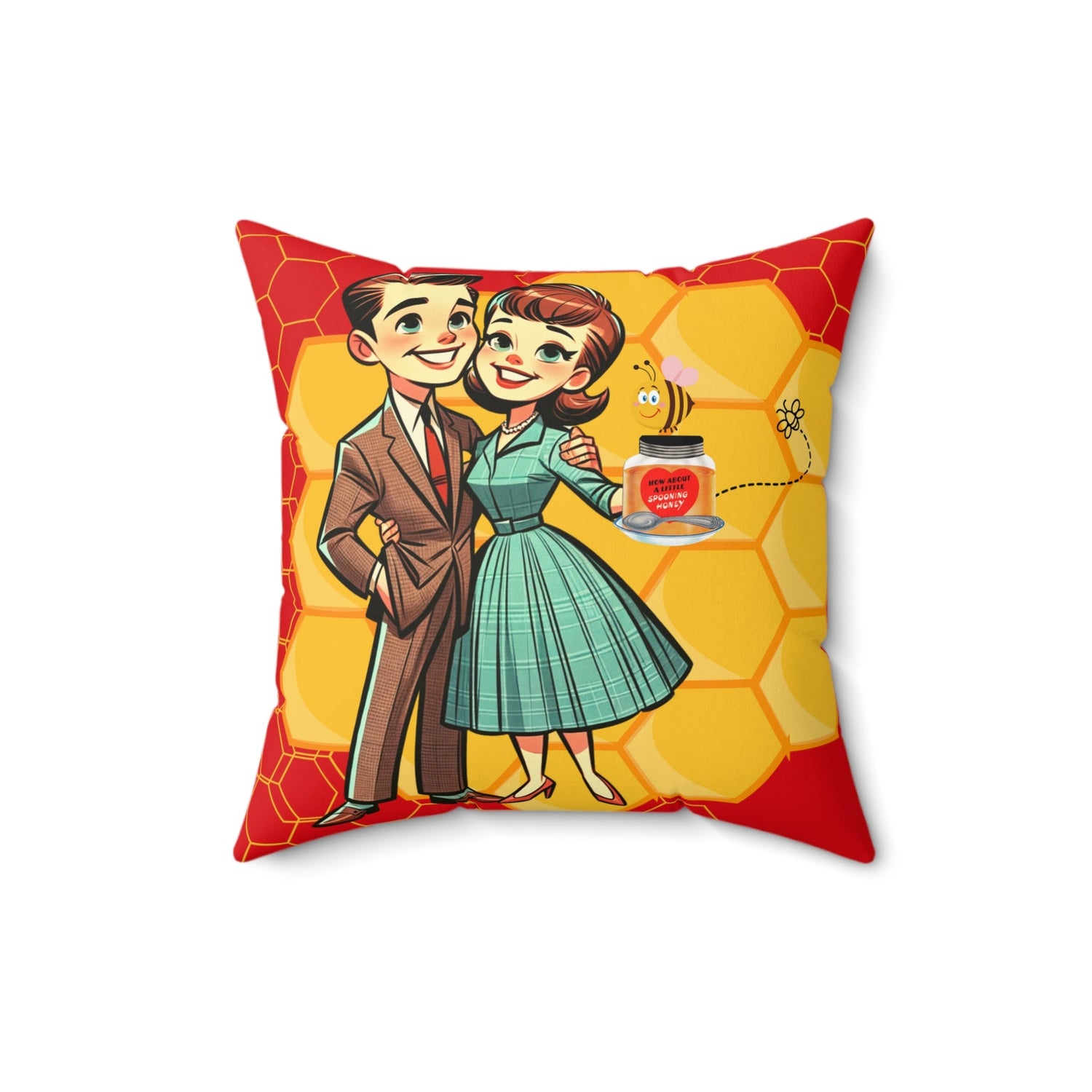 Vintage Valentine, 50s Mid Century Modern Kitschy Cute Couple, Bedroom, Livingroom Honeycomb Bee Love Honey Pillow And Insert Home Decor