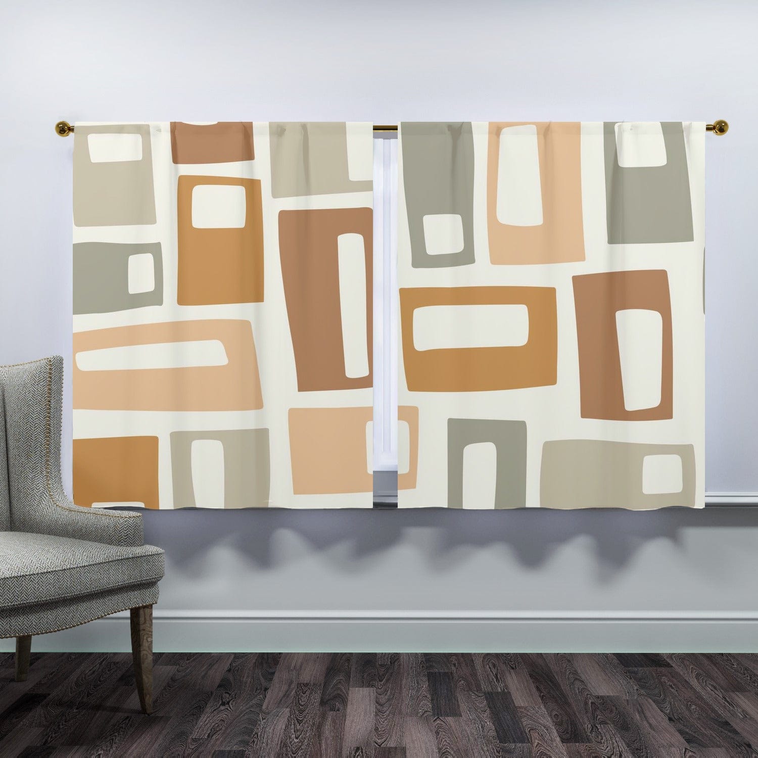 Mid Century Modern, Beige, Gold, Light Brown, Geometric, Groovy Mod Window Panels Curtains W104&quot;x L63&quot;