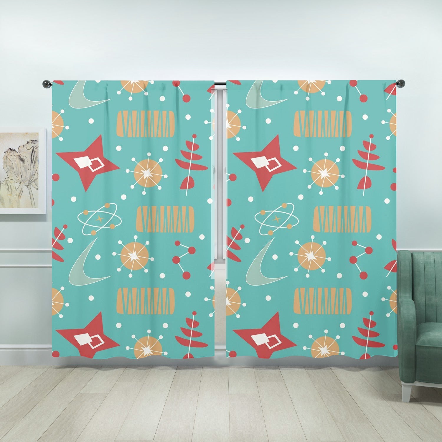 Mid Century Modern Aqua, Burnt Red, Yellow Geometric, Atomic Atom Space MCM Window Curtains (two panels) Curtains W104&quot;x L84&quot;