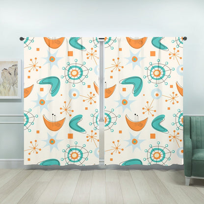 Mid Century Modern Window Curtains, Orange, Teal, Atomic 50s Boomerang Curtains W104&quot;x L84&quot;