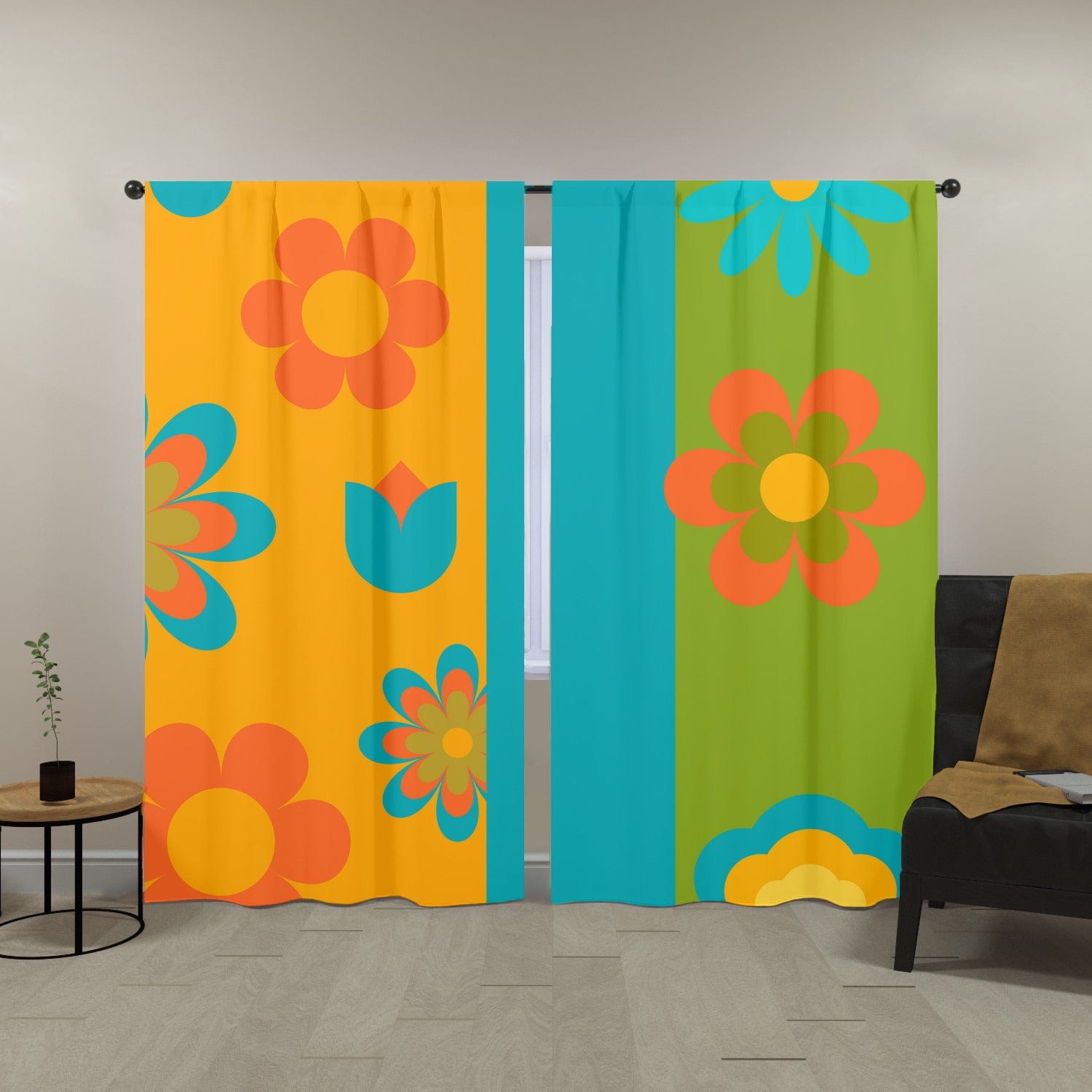 Flower Power Retro Orange, Green Blue Window Curtains (two panels) Curtains W104&quot;x L96&quot;
