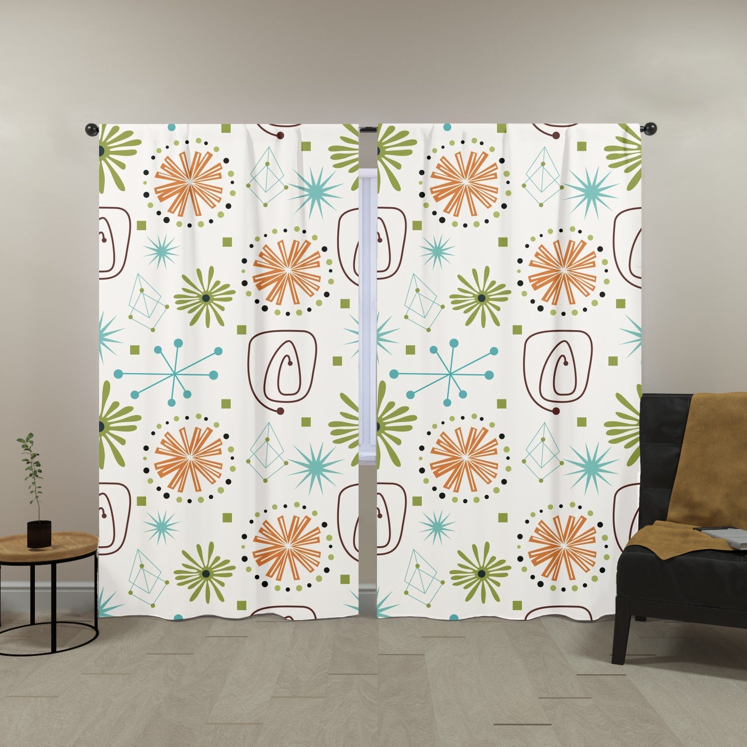 Mid Century Modern Curtains, Retro Atomic Starburst, Floral, Geometric, MCM Window Curtains (two panels) Curtains W104&quot;x L96&quot;