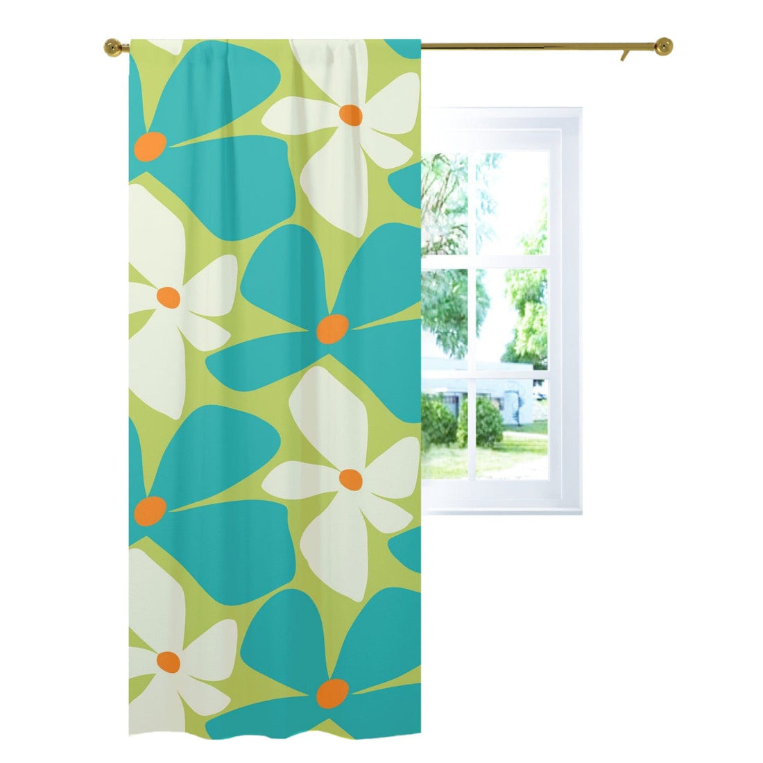 Retro Flower Power, Happy Green, Teal, White, Mod Curtain, Single Panel Curtains W42&quot;x L96&quot;