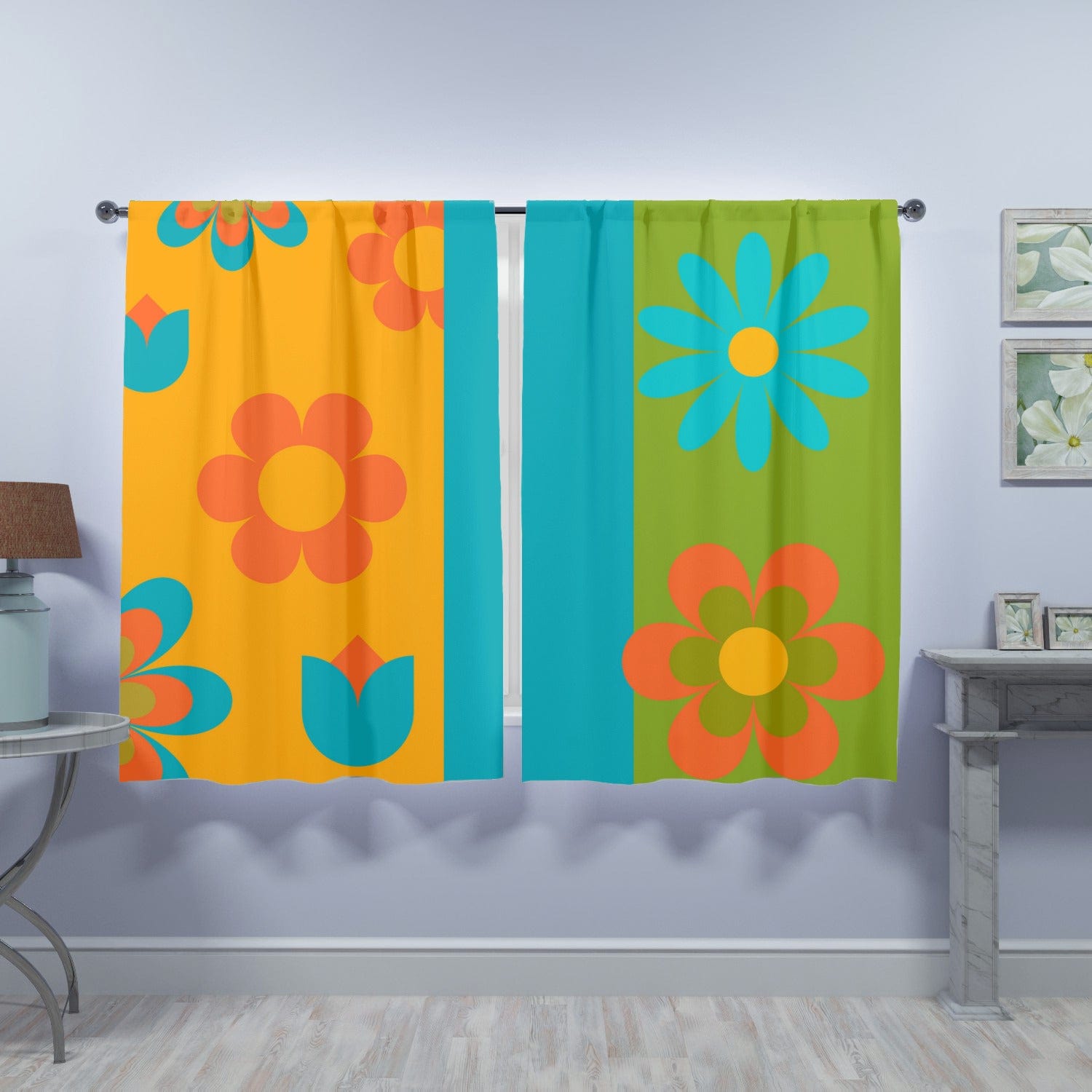 Flower Power Retro Orange, Green Blue Window Curtains (two panels) Curtains W84&quot;x L63&quot;