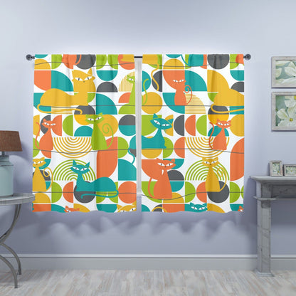 Kitschy Atomic Cats, Orange, Teal, Green, Harvest Yellow, Mod Retro Window Curtains (two panels) Curtains W84&quot;x L63&quot;