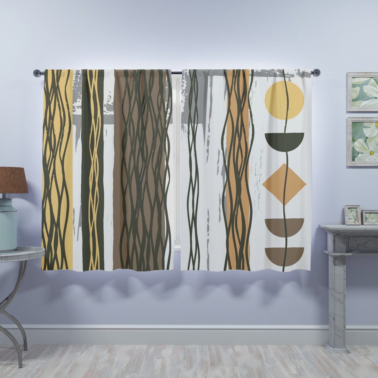 Mid Century Modern Bohemian Retro Brown, Yellow, Gray Abstract Geometric Window Curtains (two panels) Curtains W84&quot;x L63&quot;