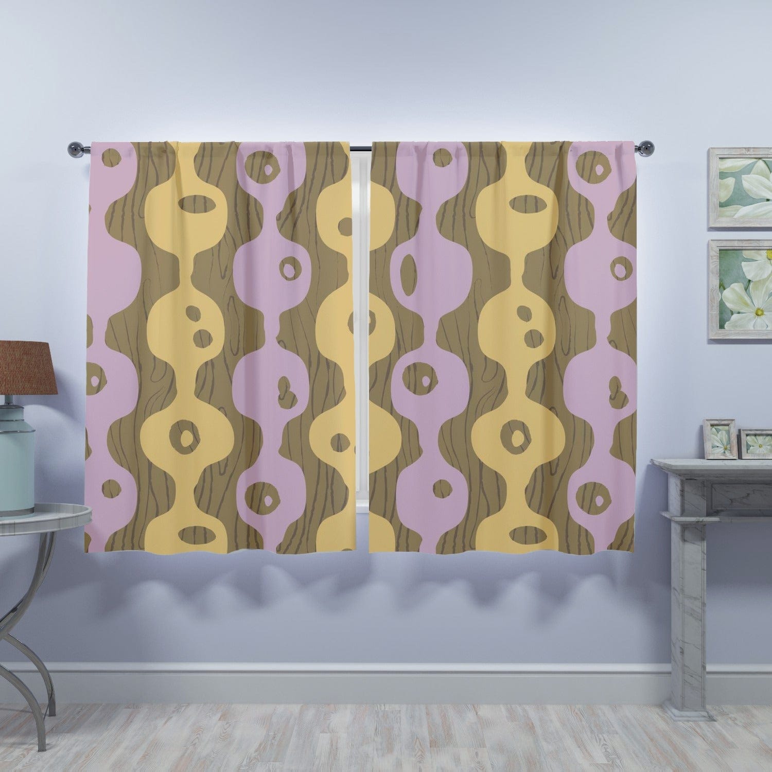 Mid Century Modern Googie, Brown, Periwinkle Purple, Mustard Yellow Groovy Window Curtains (two panels) Curtains W84&quot;x L63&quot;