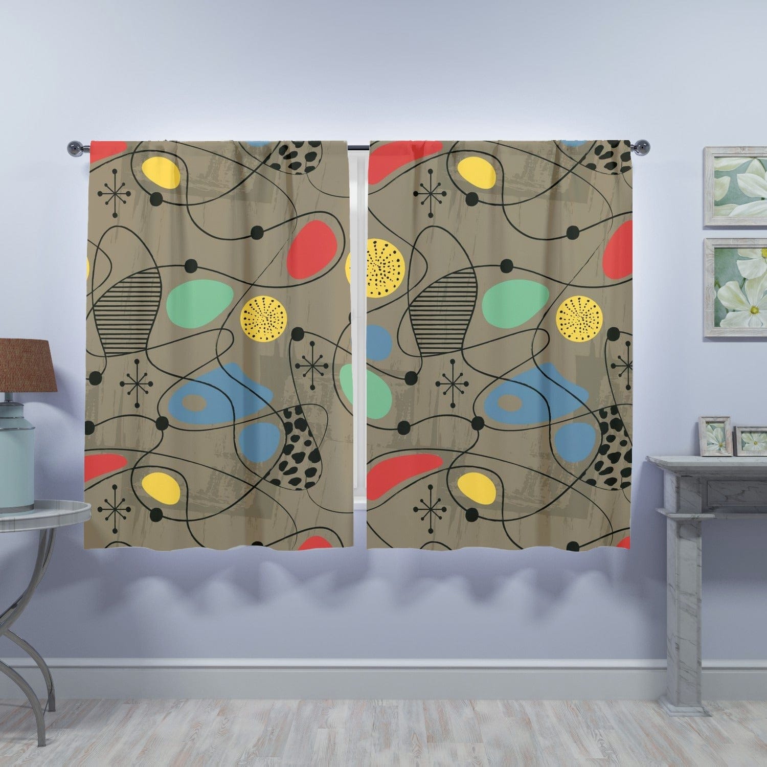 Mid Century Modern Sand Brown, Atomic Starburst, Abstract Retro Window Curtains (two panels) Curtains W84&quot;x L63&quot;