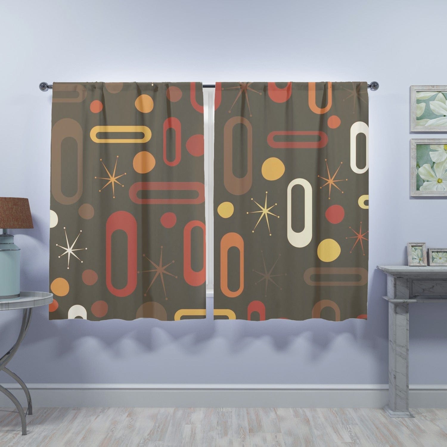 Mid Century Modern Window Curtains (two panels) Chocolate Brown,Yellow, Orange Starburst Retro Living Room, Bedroom Decor Curtains W84&quot;x L63&quot;