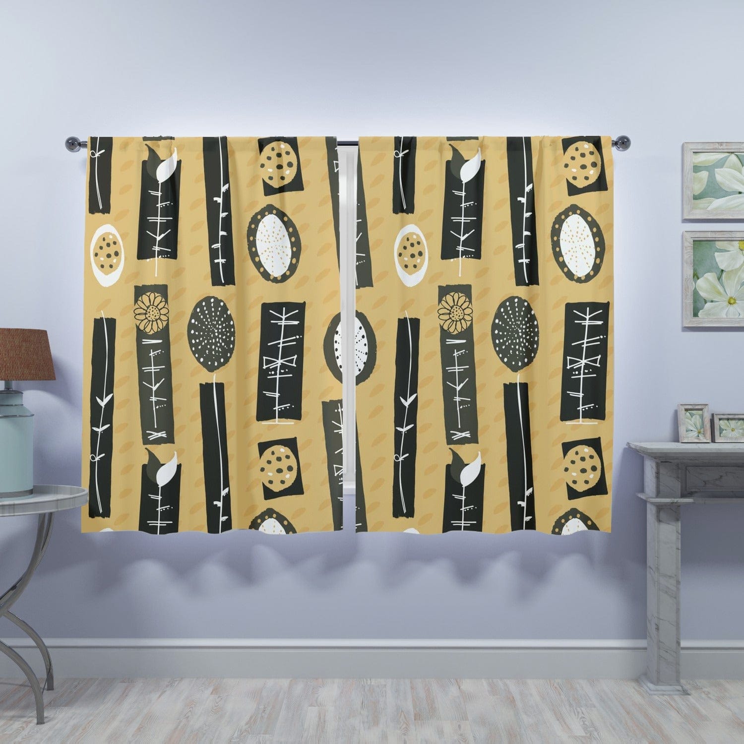 Mid Century Scandinavian, Abstract Mustard Yellow, Black, Groovy Retro Window Curtains (two panels) Curtains W84&quot;x L63&quot;