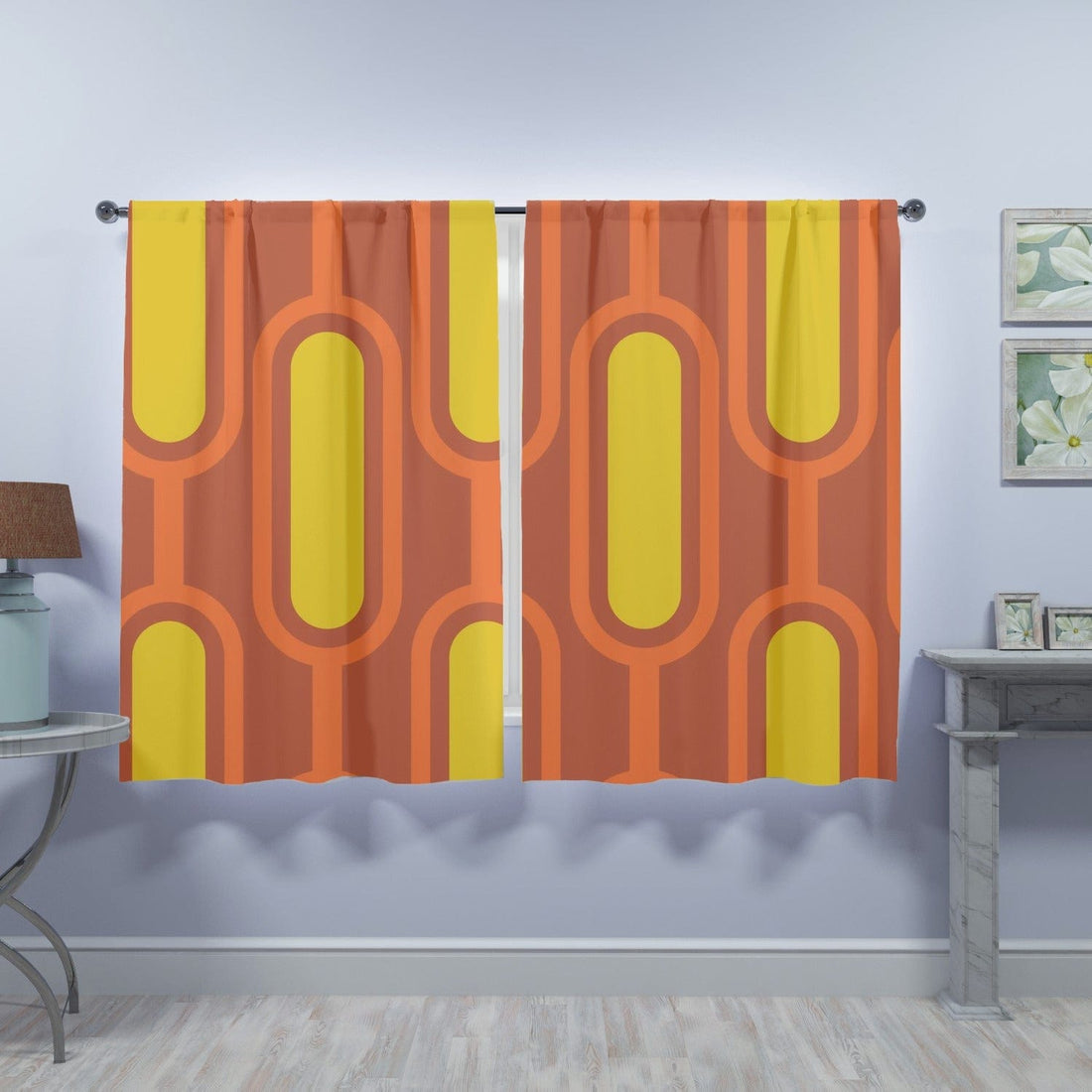 Mod Orange, Mustard Yellow, Groovy Mid Century Modern Window Curtains (two panels) Curtains W84&quot;x L63&quot;