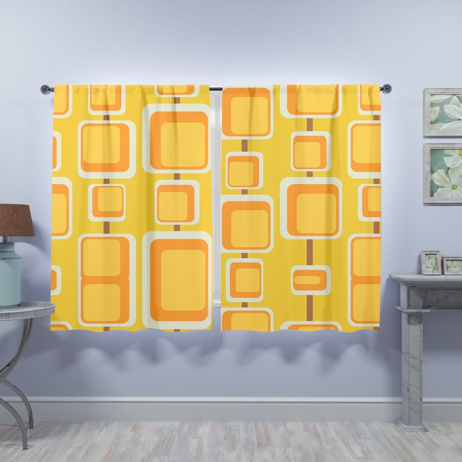 Mustard Yellow, Orange, White,Geometric Mid Century Modern Window Curtains (two panels) Curtains W84&quot;x L63&quot;