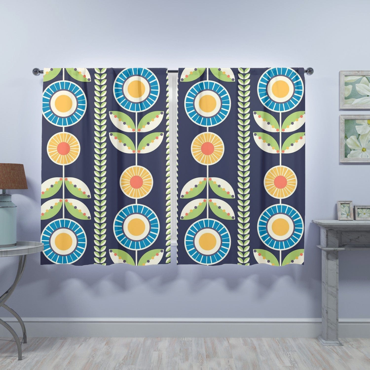 Scandinavian Blue, Green And Orange, Retro Folk Art Flower, Window Curtains (two panels) Curtains W84&quot;x L63&quot;