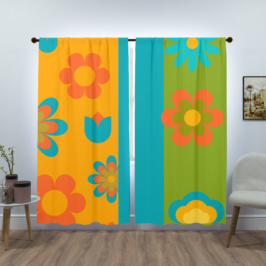 Flower Power Retro Orange, Green Blue Window Curtains (two panels) Curtains W84&quot;x L84&quot;