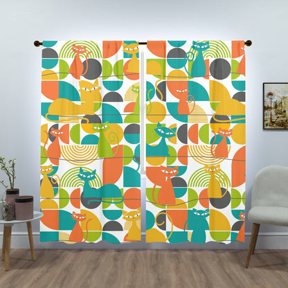 Kitschy Atomic Cats, Orange, Teal, Green, Harvest Yellow, Mod Retro Window Curtains (two panels) Curtains W84&quot;x L84&quot;