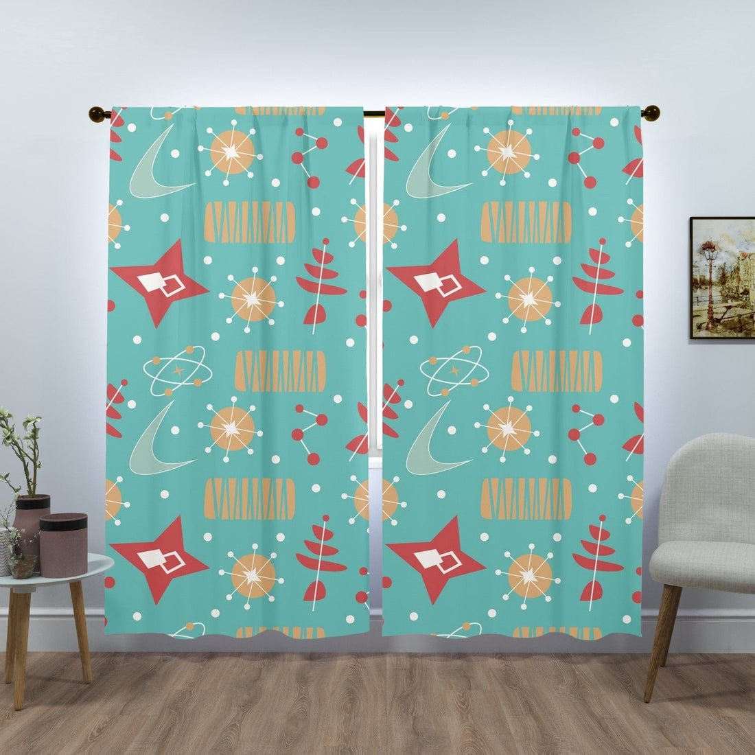 Mid Century Modern Aqua, Burnt Red, Yellow Geometric, Atomic Atom Space MCM Window Curtains (two panels) Curtains W84&quot;x L84&quot;