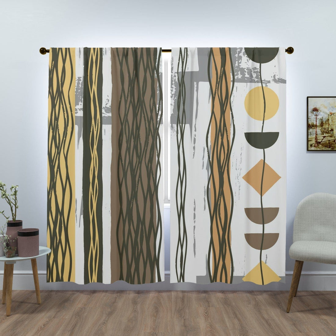 Mid Century Modern Bohemian Retro Brown, Yellow, Gray Abstract Geometric Window Curtains (two panels) Curtains W84&quot;x L84&quot;