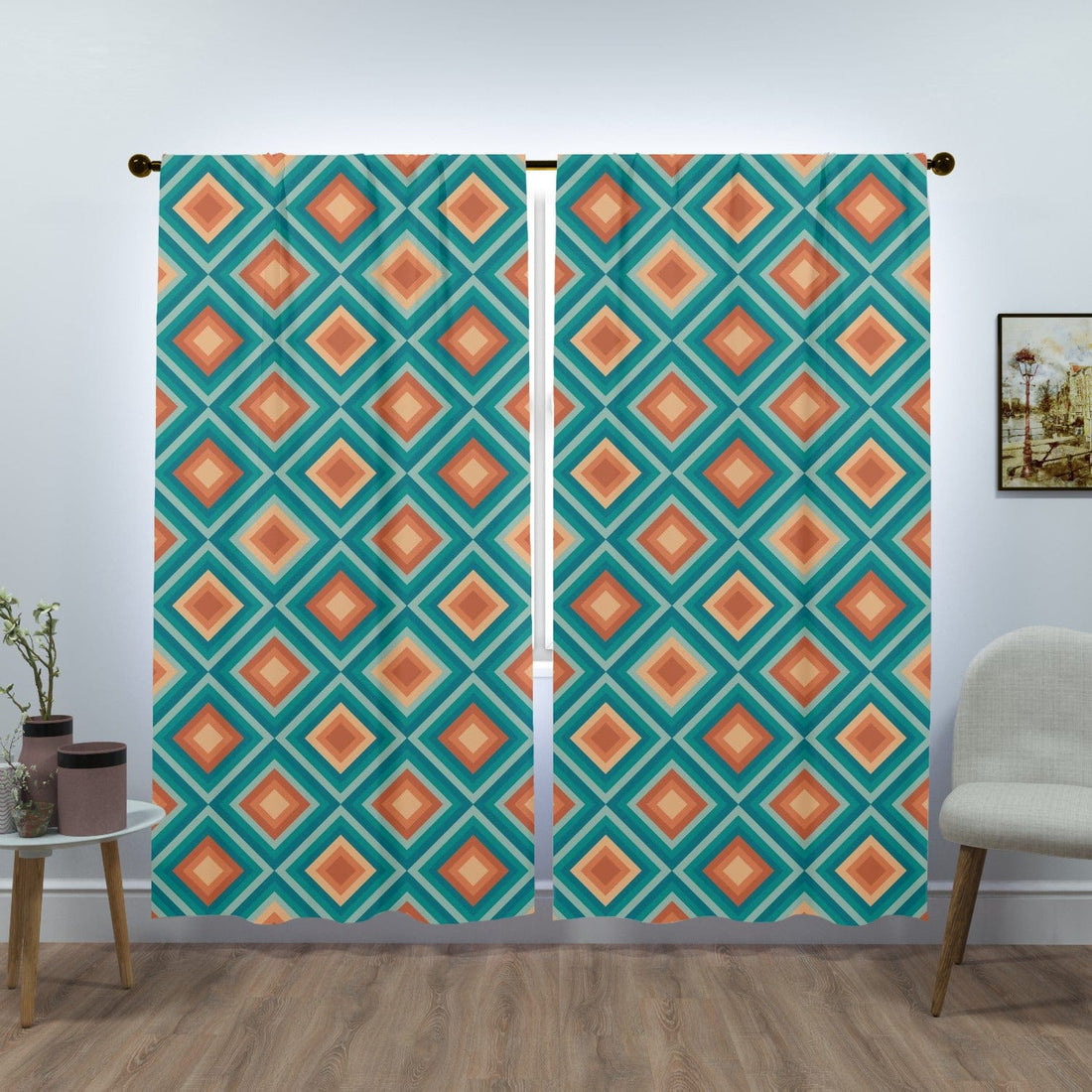 Mid Century Modern Curtains Teal Blue, Orange, Geometric Diamond Pattern, Retro Window Curtains (two panels) Curtains W84&quot;x L84&quot;