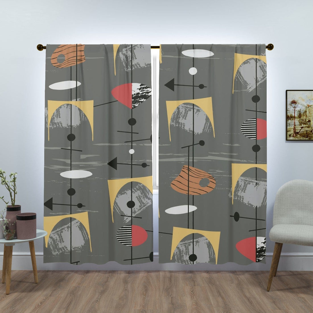 Mid Century Modern, Geometric, Abstract, Slate Gray, Mustard Yellow, Retro Window Curtains (two panels) Curtains W84&quot;x L84&quot;