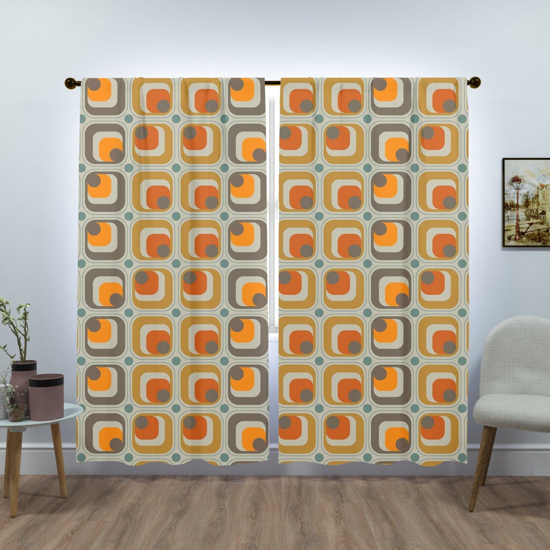 Mid Century Modern, Geometric, Beige, Orange, Mustard Yellow Mod Retro Window Curtains (two panels) Curtains W84&quot;x L84&quot;