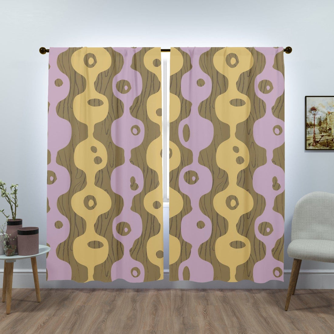 Mid Century Modern Googie, Brown, Periwinkle Purple, Mustard Yellow Groovy Window Curtains (two panels) Curtains W84&quot;x L84&quot;