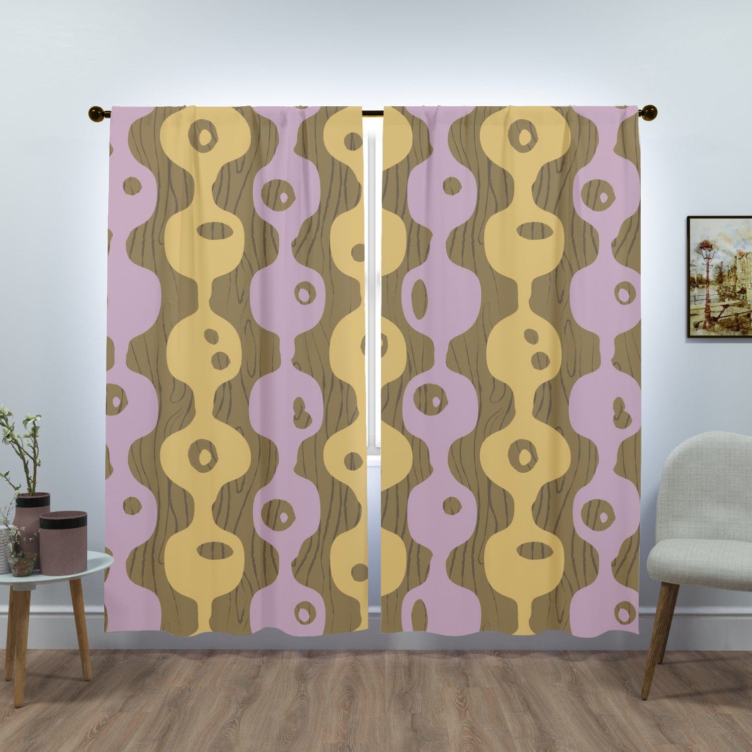 Mid Century Modern Googie, Brown, Periwinkle Purple, Mustard Yellow Groovy Window Curtains (two panels) Curtains W84&quot;x L84&quot;