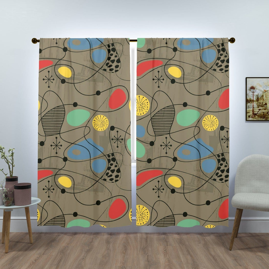 Mid Century Modern Sand Brown, Atomic Starburst, Abstract Retro Window Curtains (two panels) Curtains W84&quot;x L84&quot;