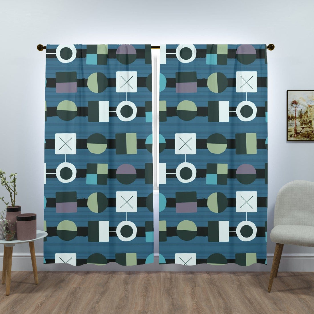 Mid Century Modern Window Curtains, Funky Geometric, Blue, Gray, Green, White, MCM Window Curtains (two panels) Curtains W84&quot;x L84&quot;