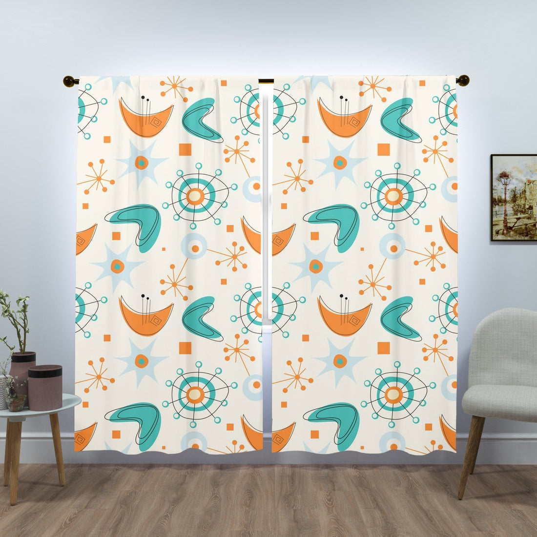 Mid Century Modern Window Curtains, Orange, Teal, Atomic 50s Boomerang Curtains W84&quot;x L84&quot;