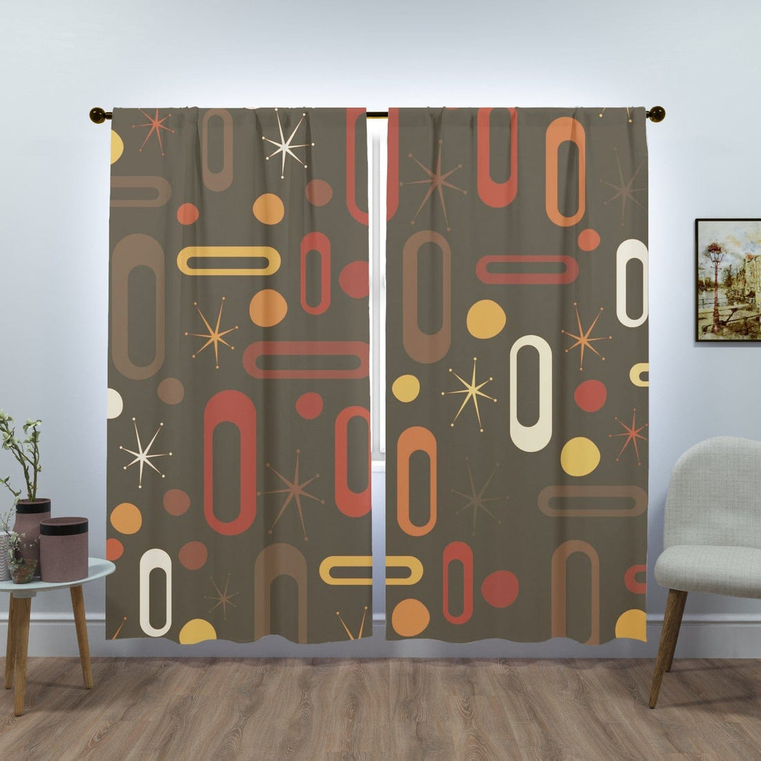 Mid Century Modern Window Curtains (two panels) Chocolate Brown,Yellow, Orange Starburst Retro Living Room, Bedroom Decor Curtains W84&quot;x L84&quot;