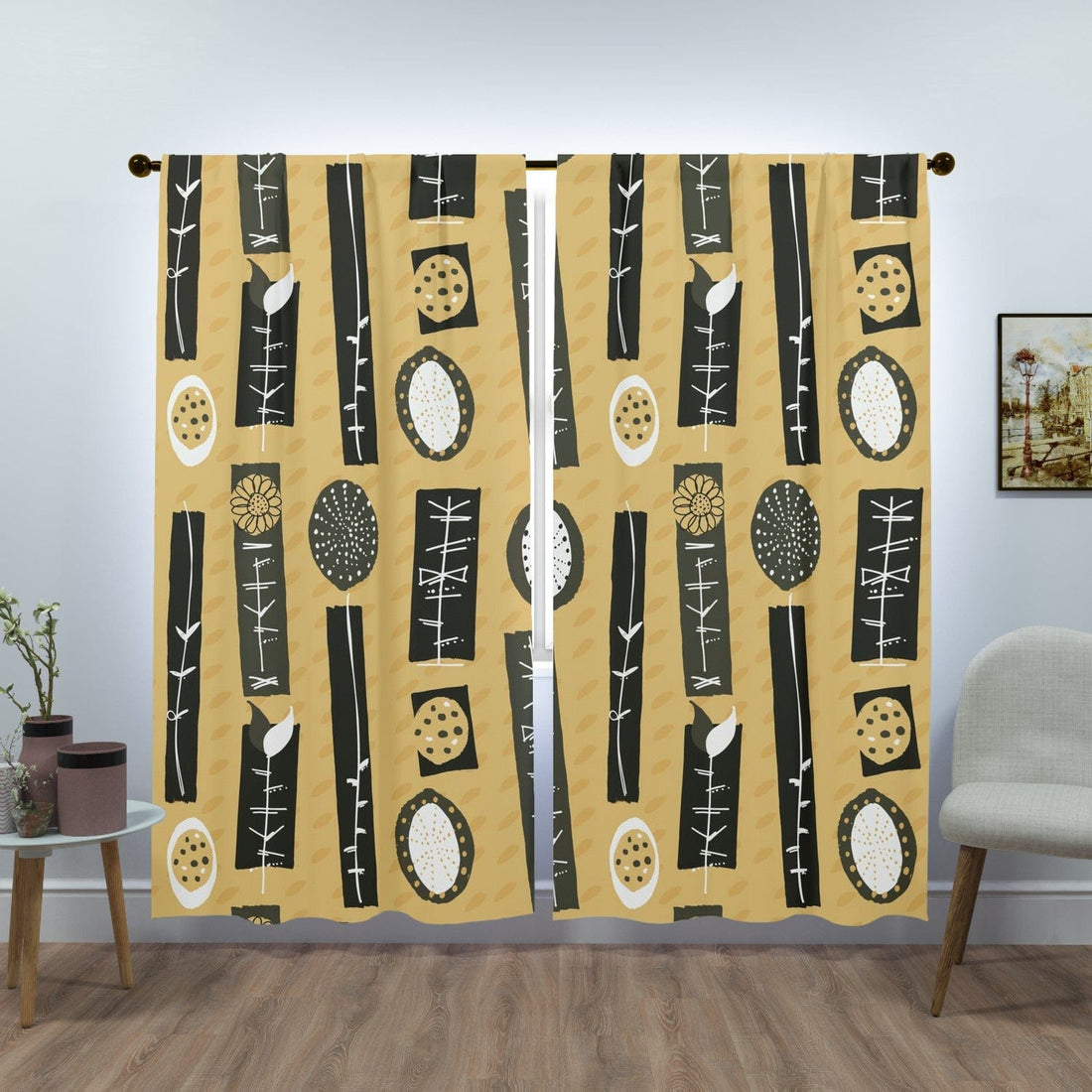 Mid Century Scandinavian, Abstract Mustard Yellow, Black, Groovy Retro Window Curtains (two panels) Curtains W84&quot;x L84&quot;
