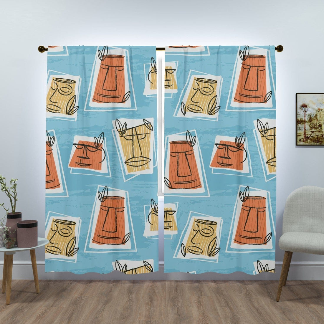 Mid Mod Tiki Time, Mid Century Modern, Blue, Yellow, White Retro Window Curtains (two panels) Curtains W84&quot;x L84&quot;