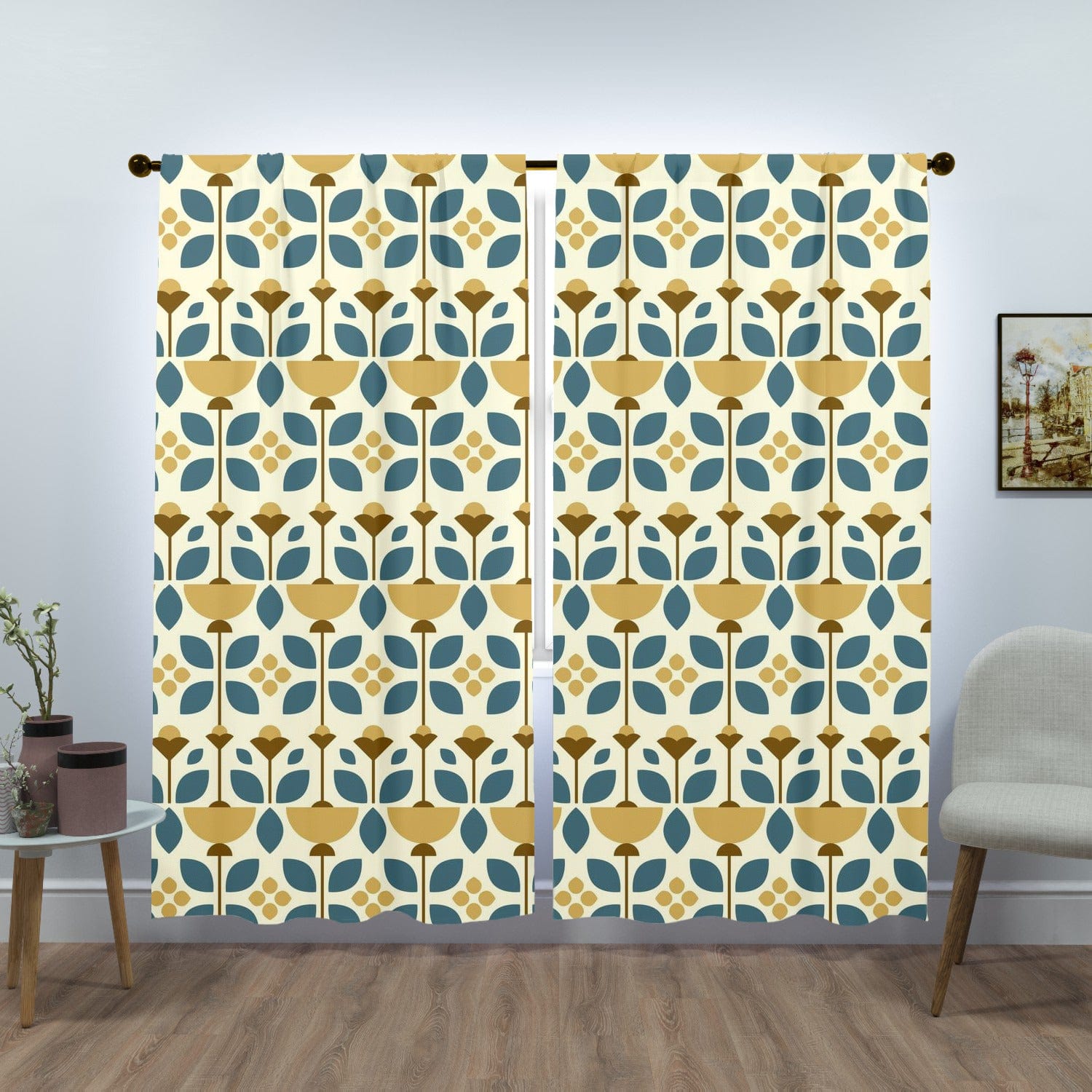 Mid Modern Golden Yellow, Blue, Scandinavian Flower Design Window Curtains (two panels) Curtains W84&quot;x L84&quot;