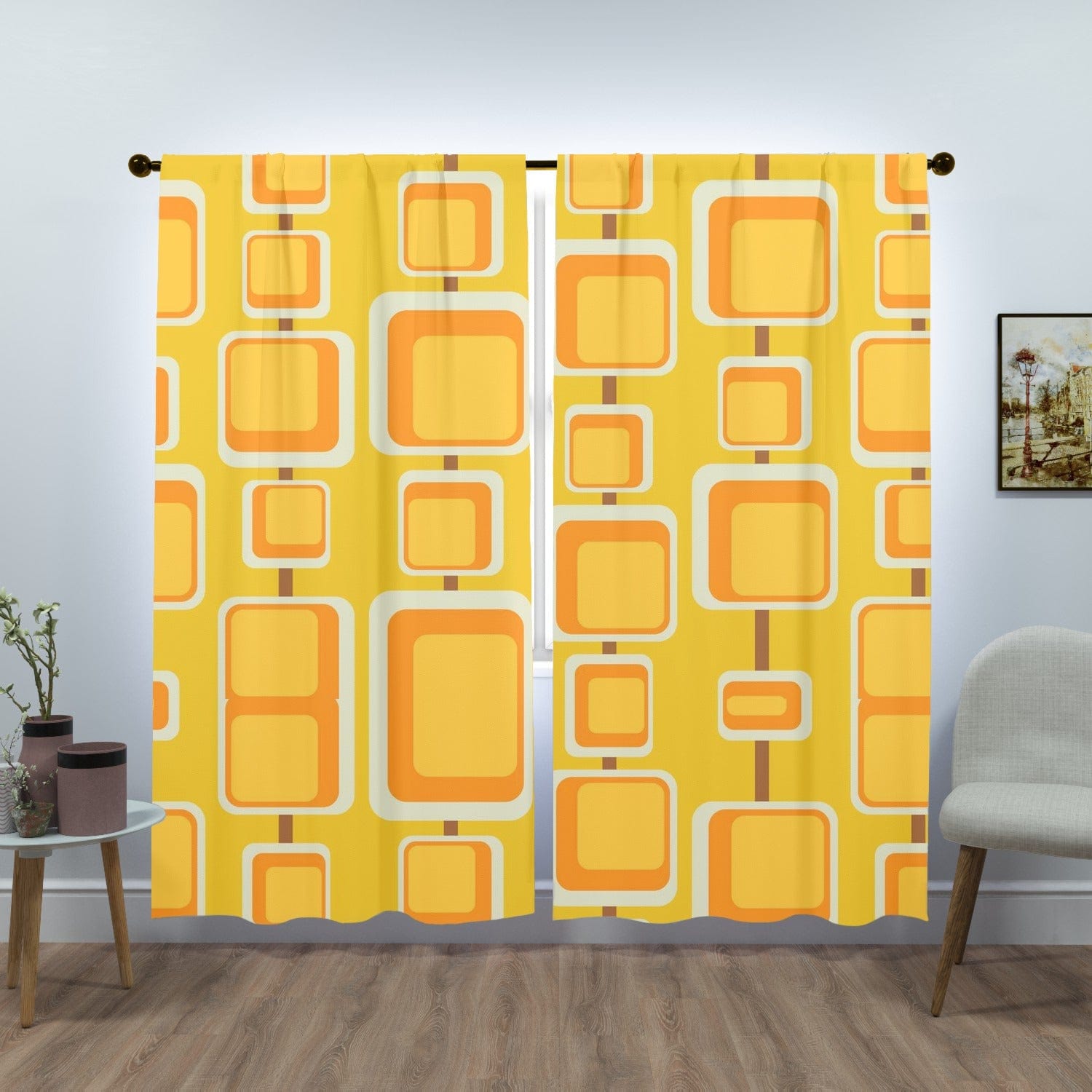 Mustard Yellow, Orange, White,Geometric Mid Century Modern Window Curtains (two panels) Curtains W84&quot;x L84&quot;