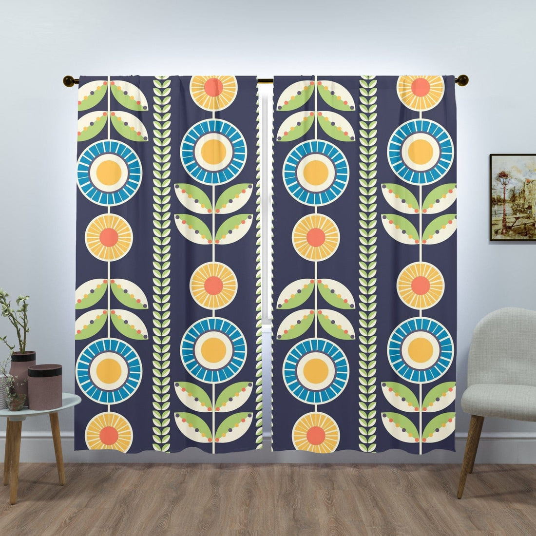 Scandinavian Blue, Green And Orange, Retro Folk Art Flower, Window Curtains (two panels) Curtains W84&quot;x L84&quot;