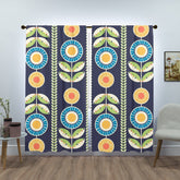 Scandinavian Blue, Green And Orange, Retro Folk Art Flower, Window Curtains (two panels) Curtains W84"x L84"