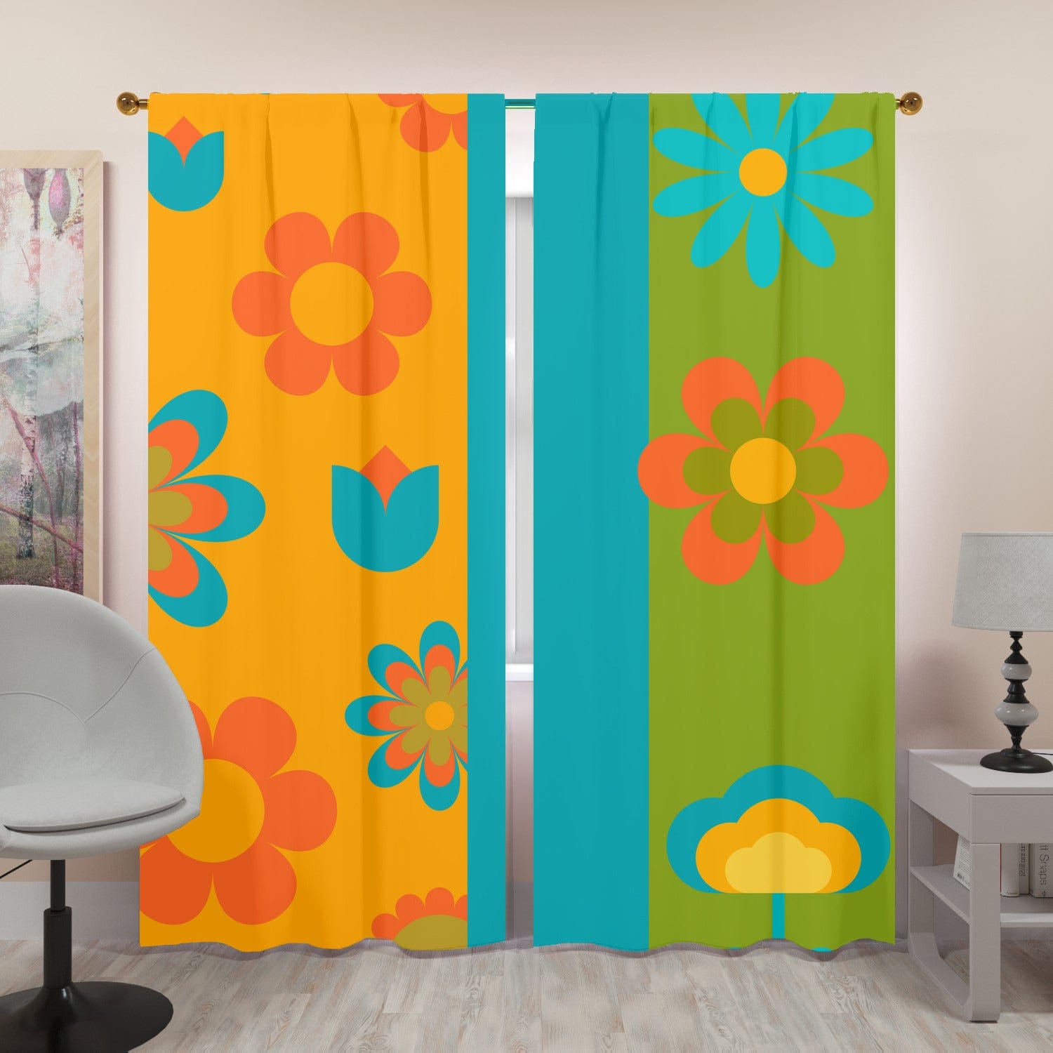 Flower Power Retro Orange, Green Blue Window Curtains (two panels) Curtains W84&quot;x L96&quot;