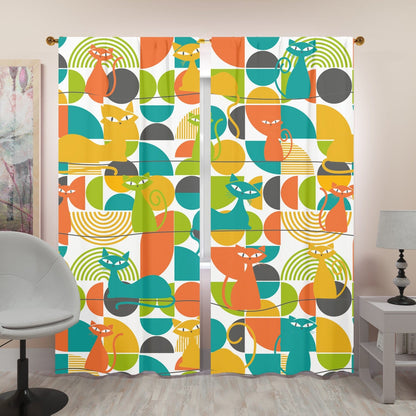 Kitschy Atomic Cats, Orange, Teal, Green, Harvest Yellow, Mod Retro Window Curtains (two panels) Curtains W84&quot;x L96&quot;