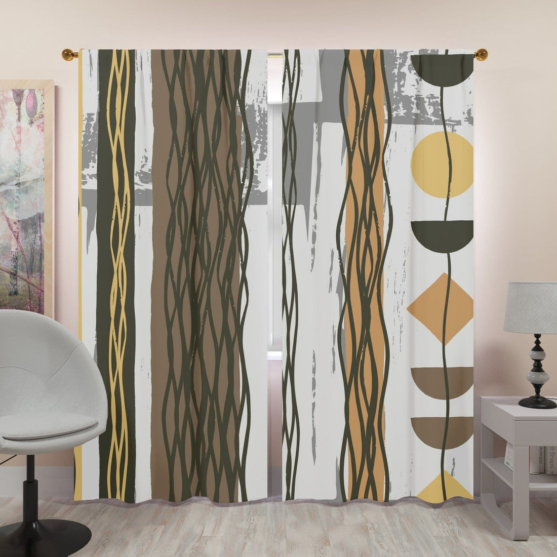 Mid Century Modern Bohemian Retro Brown, Yellow, Gray Abstract Geometric Window Curtains (two panels) Curtains W84&quot;x L96&quot;