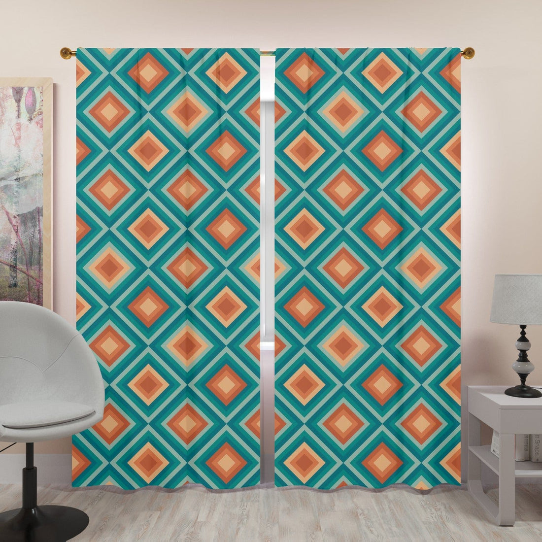 Mid Century Modern Curtains Teal Blue, Orange, Geometric Diamond Pattern, Retro Window Curtains (two panels) Curtains W84&quot;x L96&quot;