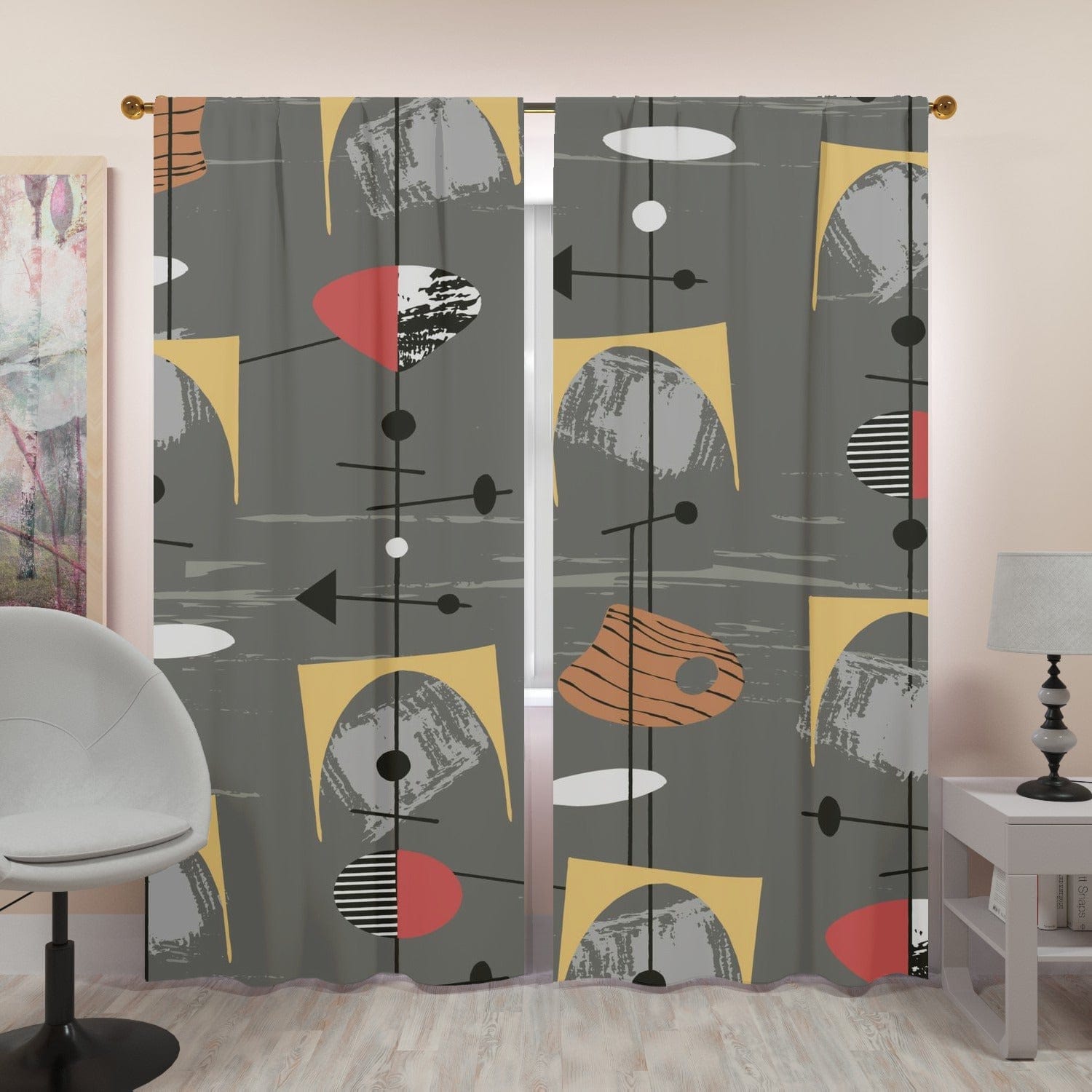 Mid Century Modern, Geometric, Abstract, Slate Gray, Mustard Yellow, Retro Window Curtains (two panels) Curtains W84&quot;x L96&quot;