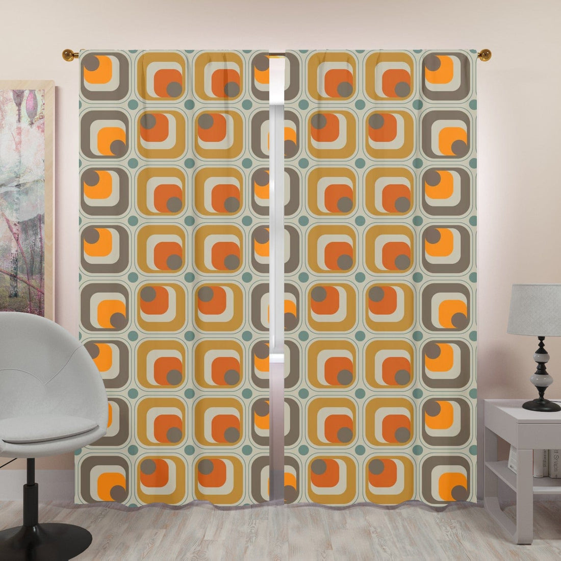 Mid Century Modern, Geometric, Beige, Orange, Mustard Yellow Mod Retro Window Curtains (two panels) Curtains W84&quot;x L96&quot;