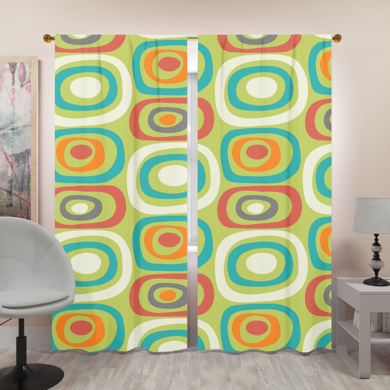 Mid Century Modern, Geometric Mod Green, Orange, Teal, Funky Fun Window Curtains (two panels) Curtains W84&quot;x L96&quot;