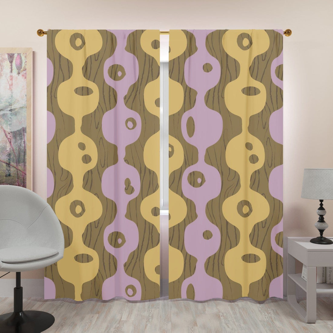 Mid Century Modern Googie, Brown, Periwinkle Purple, Mustard Yellow Groovy Window Curtains (two panels) Curtains W84&quot;x L96&quot;