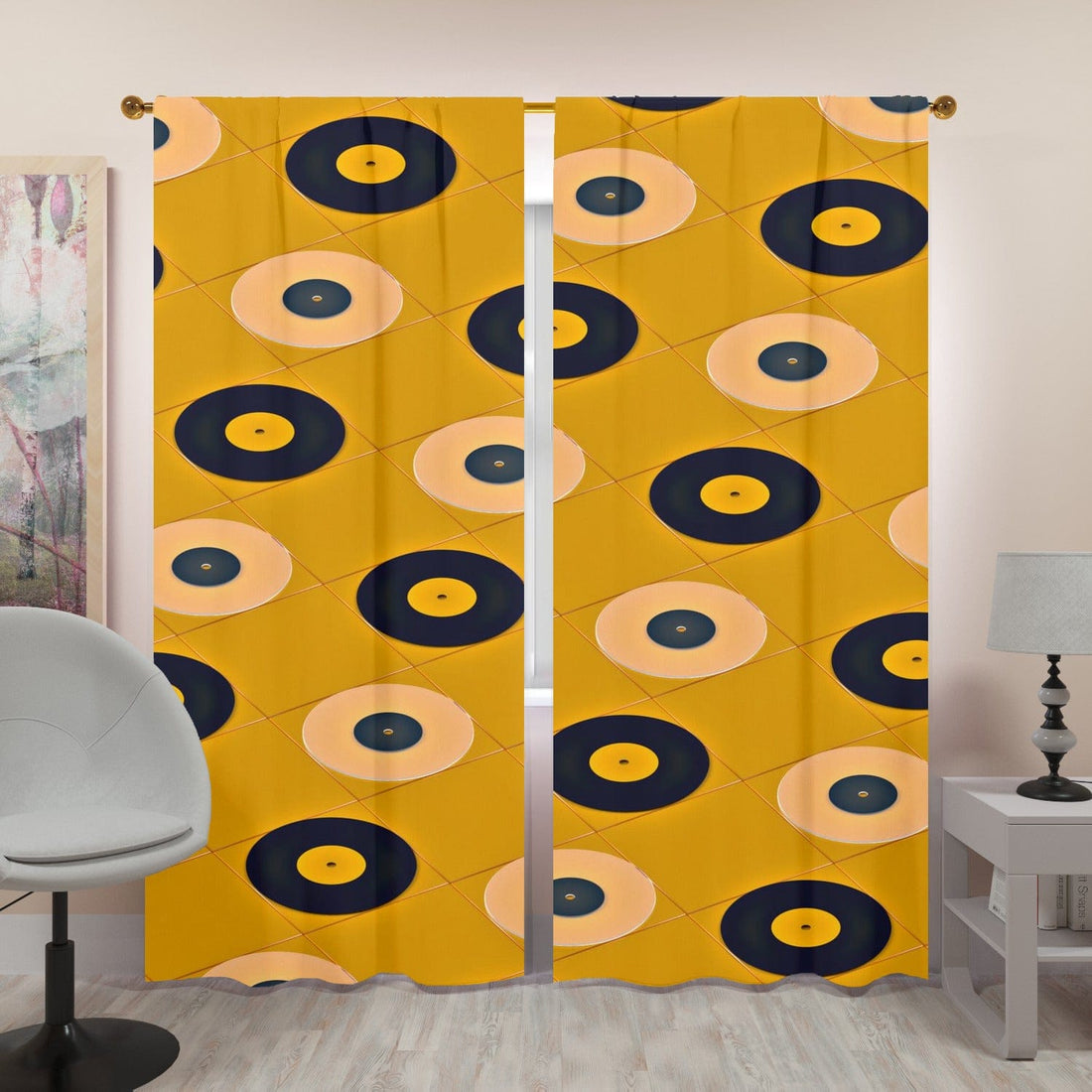 Mid Century Modern, Retro Records, Mustard Yellow, Abstract MCM Window Curtains (two panels) Curtains W84&quot;x L96&quot;
