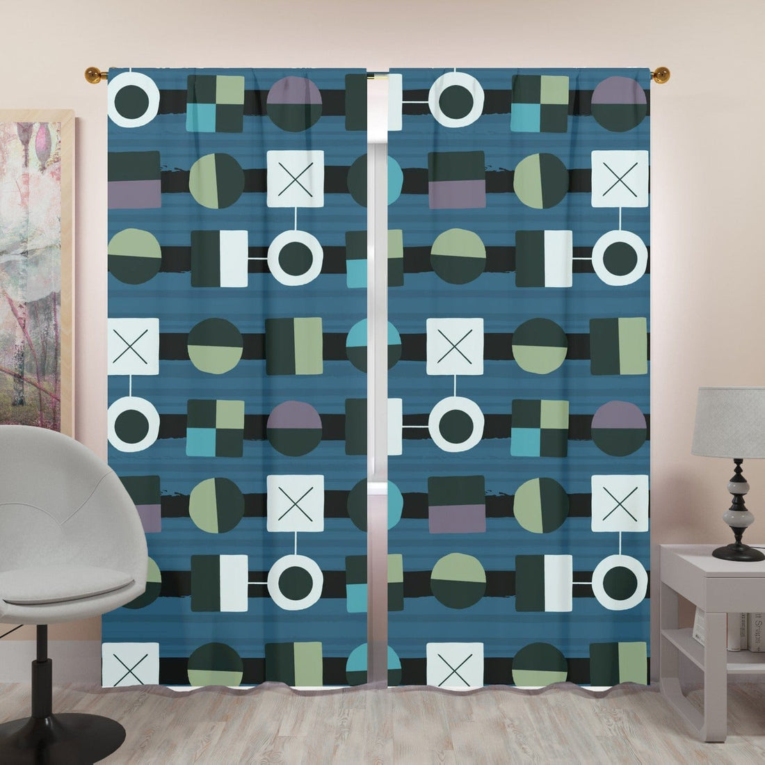 Mid Century Modern Window Curtains, Funky Geometric, Blue, Gray, Green, White, MCM Window Curtains (two panels) Curtains W84&quot;x L96&quot;