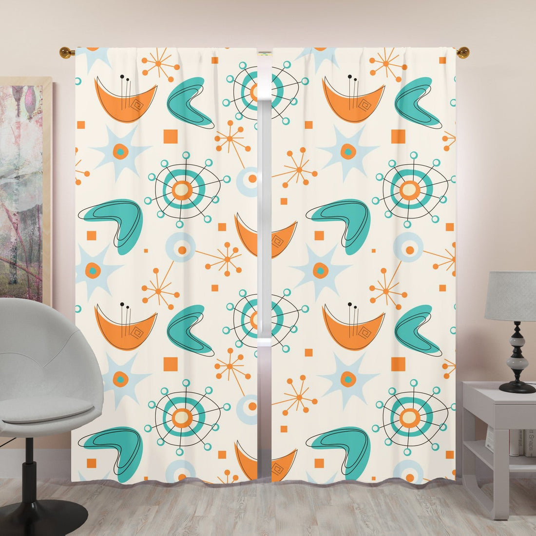 Mid Century Modern Window Curtains, Orange, Teal, Atomic 50s Boomerang Curtains W84&quot;x L96&quot;