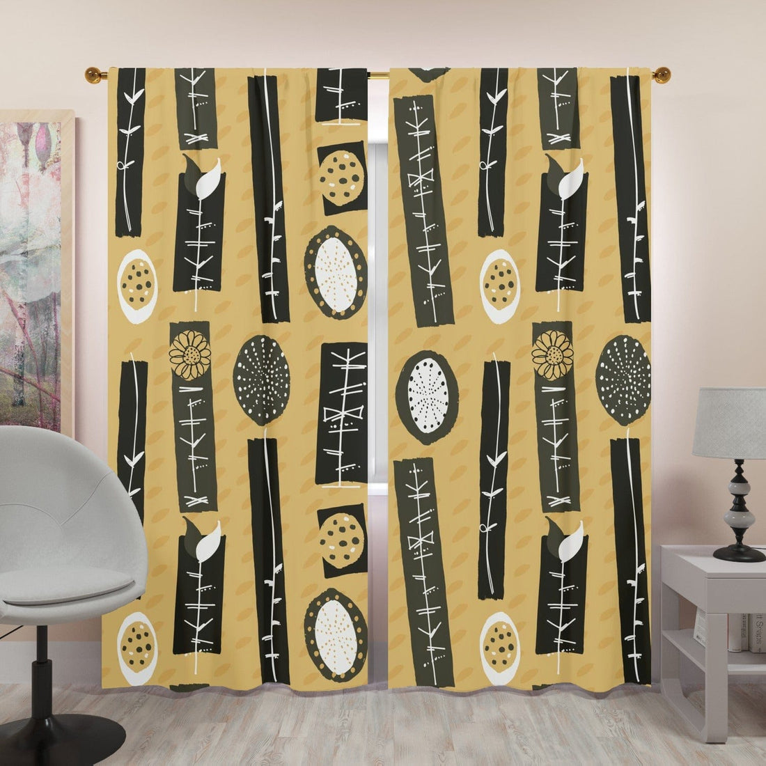 Mid Century Scandinavian, Abstract Mustard Yellow, Black, Groovy Retro Window Curtains (two panels) Curtains W84&quot;x L96&quot;