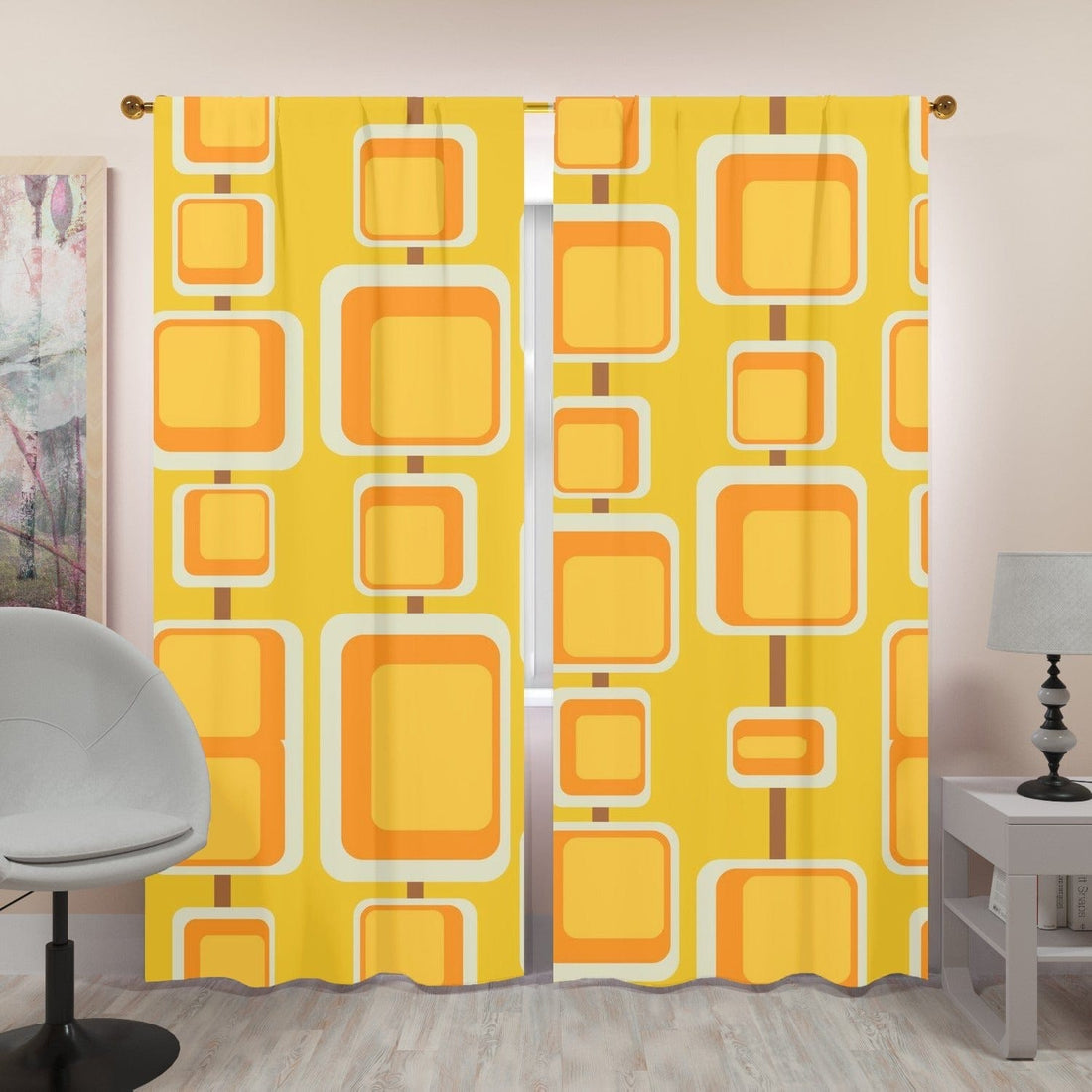 Mustard Yellow, Orange, White,Geometric Mid Century Modern Window Curtains (two panels) Curtains W84&quot;x L96&quot;